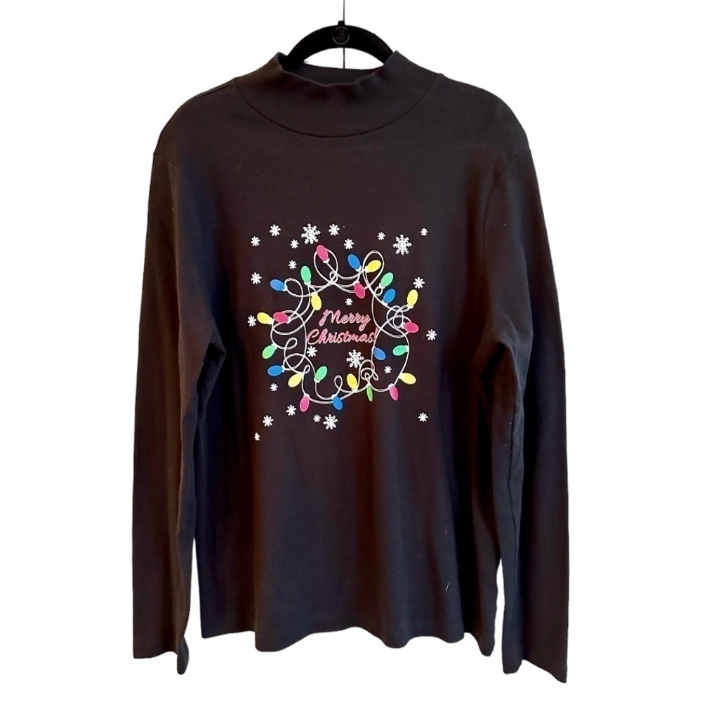 WHITE STAG, WOMENS, “MERRY CHRISTMAS”, SHIRT. BLACK, MOCK NECK. SIZE XXL